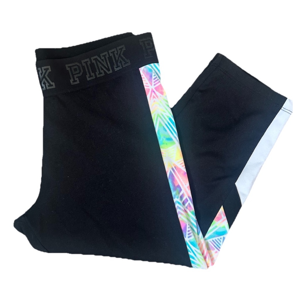 PINK Victoria's Secret Black Leggings with Colorful Pattern